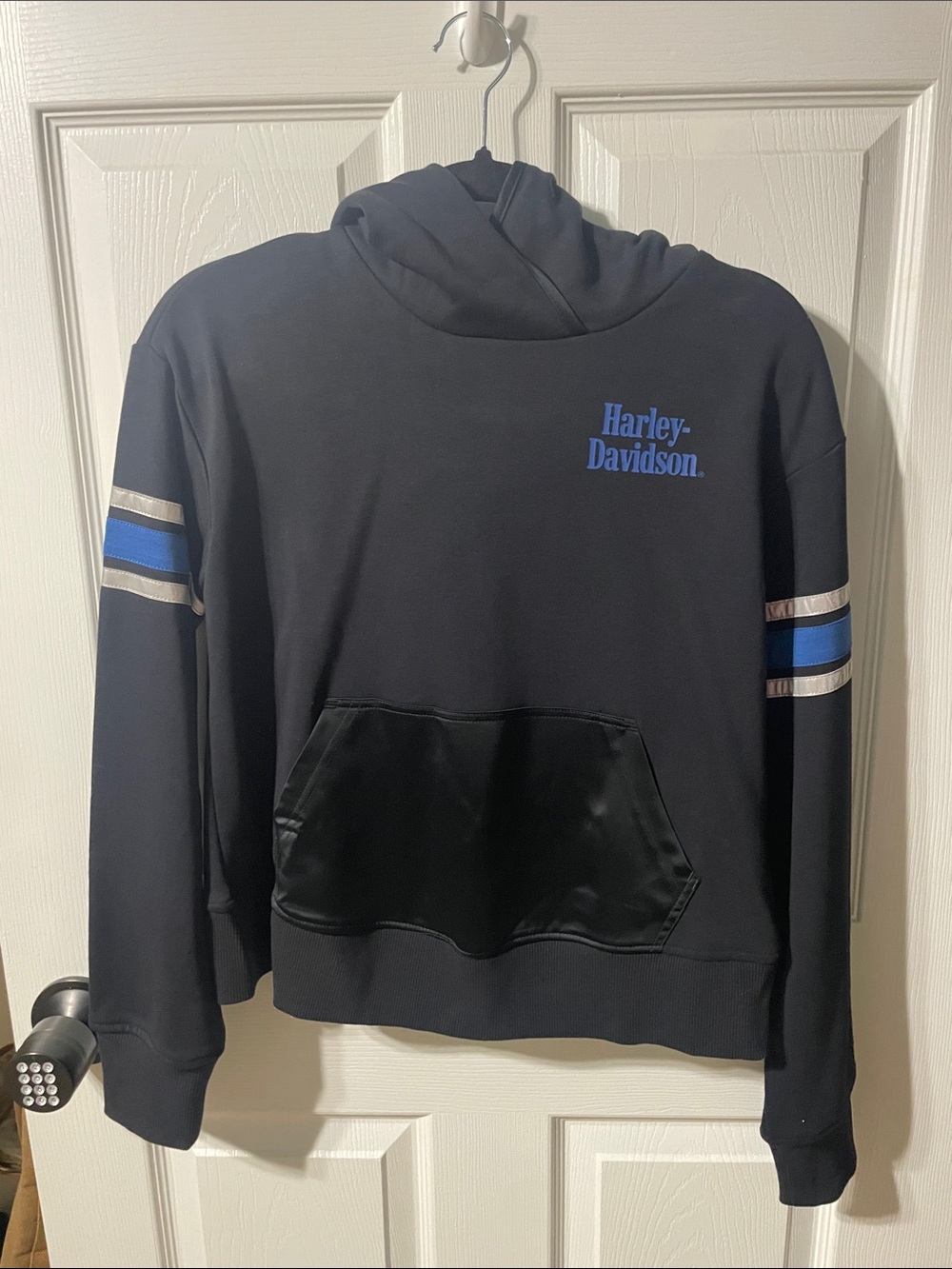Harley-Davidson Black Hoodie with Blue and Silver Sleeve Stripes